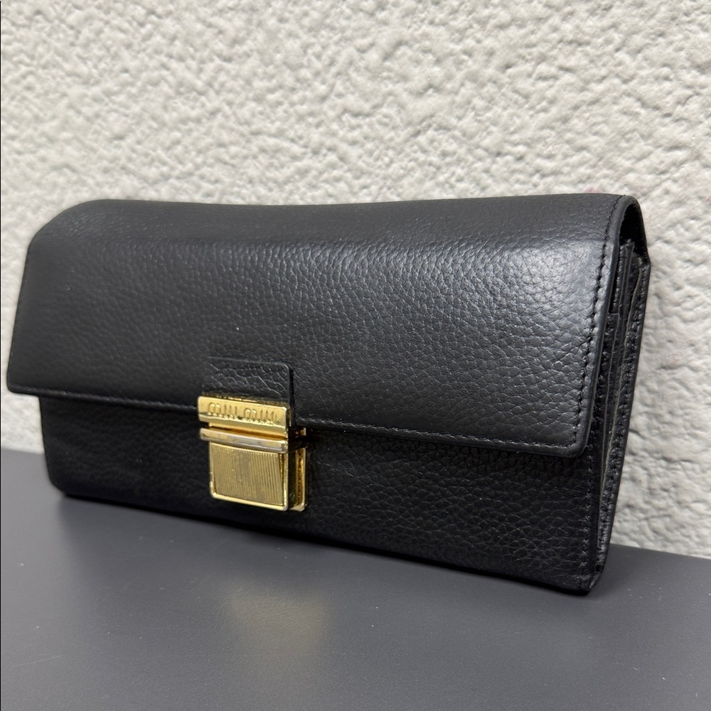 Vintage Miu Miu Black Leather Wallet with Gold Accent